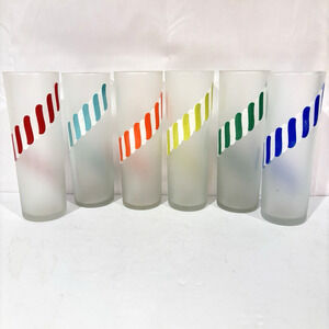 Vintage MCM Libbey Frosted Candy Stripe Tom Collins Glass Barware Tumbler Lot 6